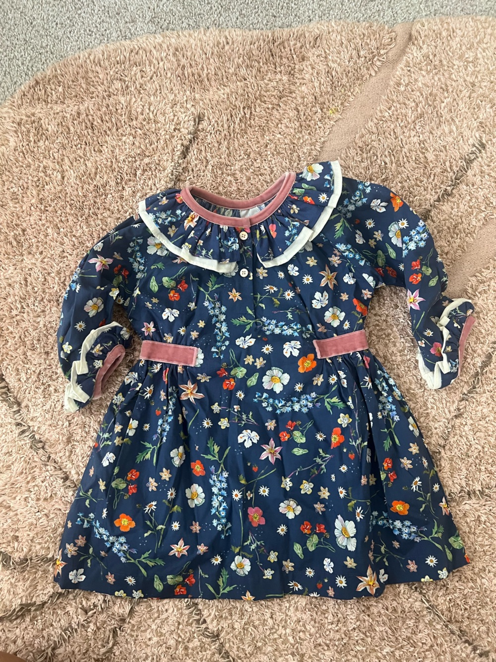 BNWOT Girls Navy Floral Long-Sleeve Dress with Pink Trim